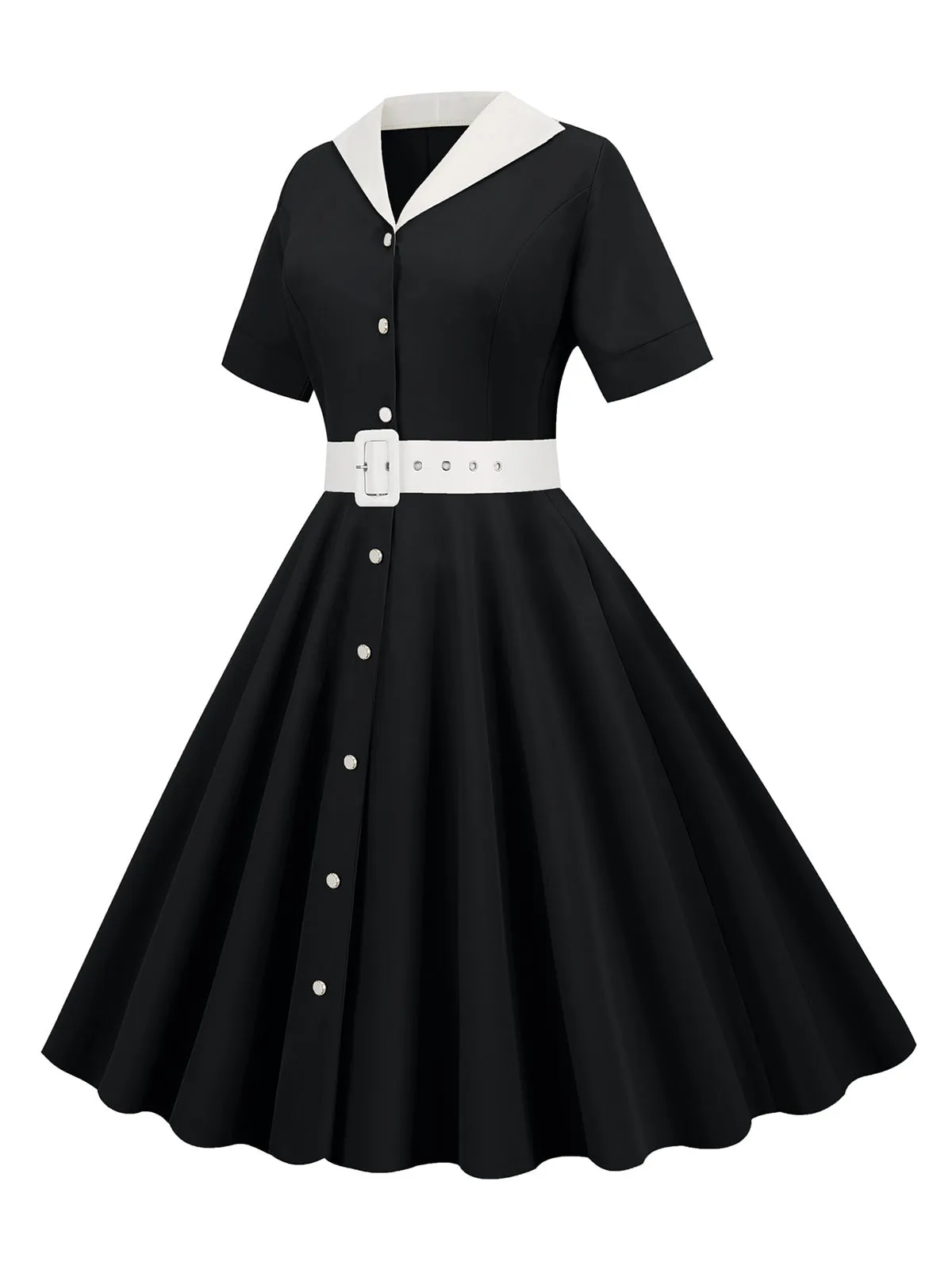1950s Solid Contrast Lapel Belt Dress