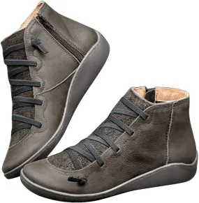 Ankle Booties for Women Flat Heel,Womens Ankle Boots Fashion Lace Up Side Zip Vintage Booties Low Heel Arch Support