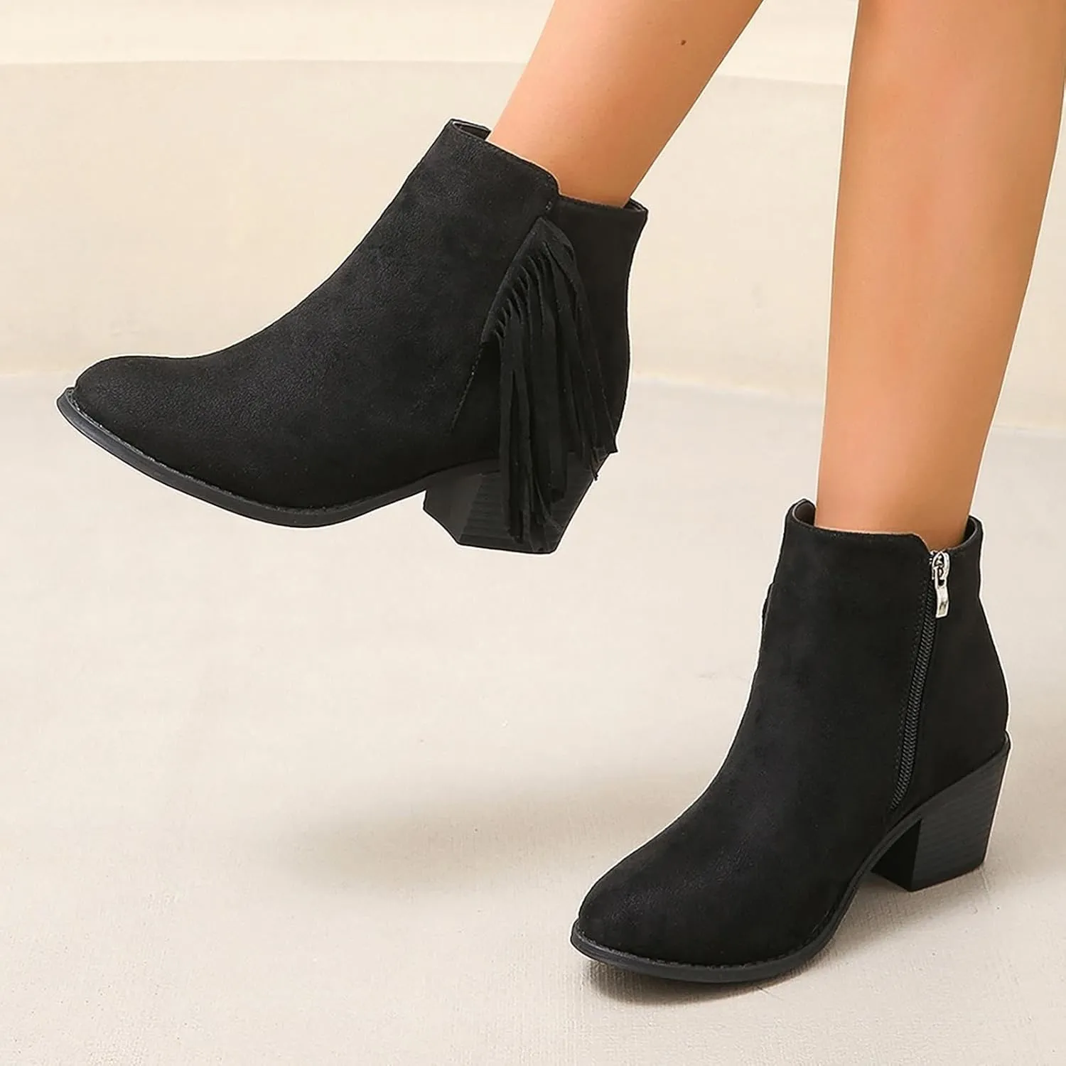 Ankle Boots For Women Chunky Heel Wide Calf Boots For Women Suede Women Low Heel Round Toe Shoes Cowboy Cowgirl Dressy
