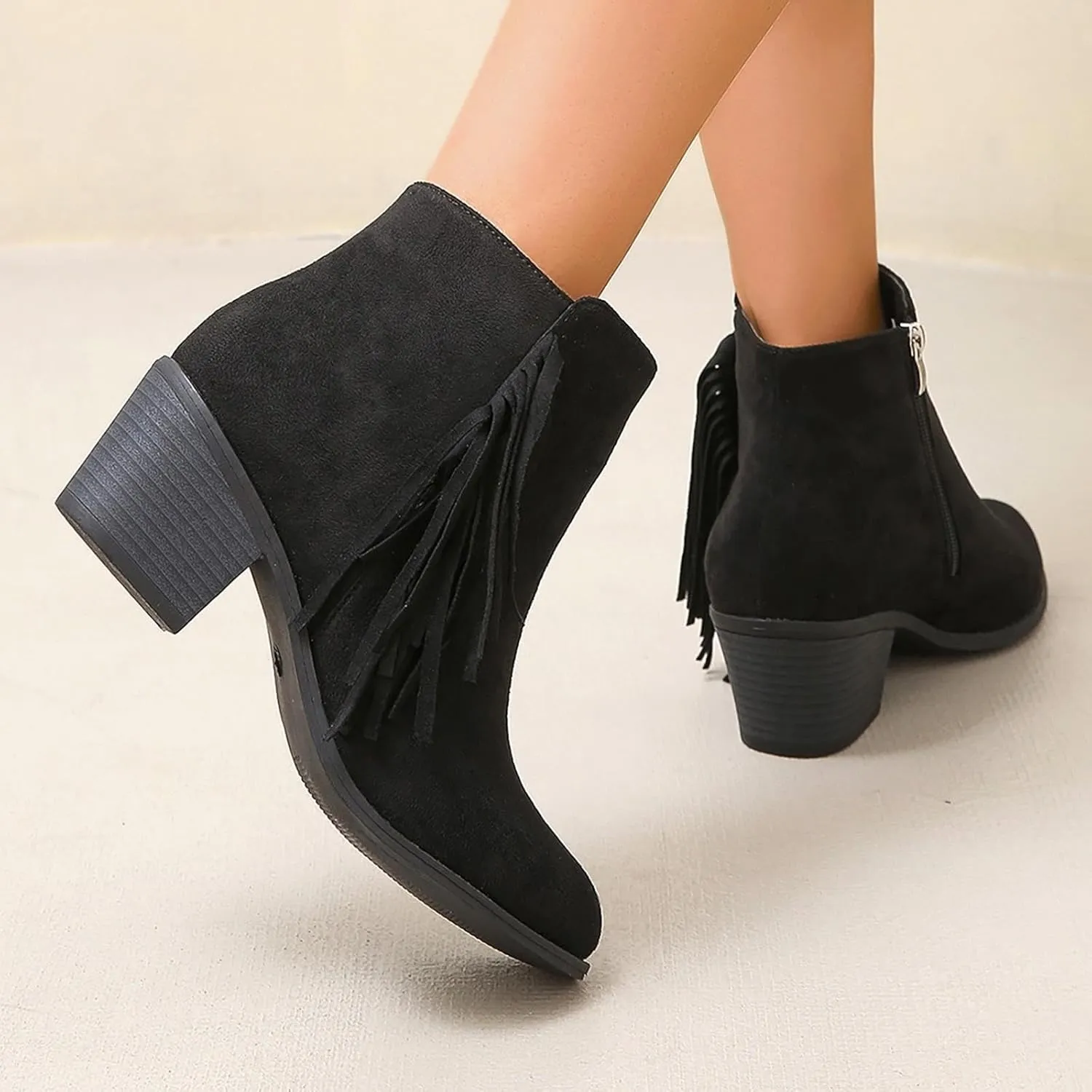 Ankle Boots For Women Chunky Heel Wide Calf Boots For Women Suede Women Low Heel Round Toe Shoes Cowboy Cowgirl Dressy