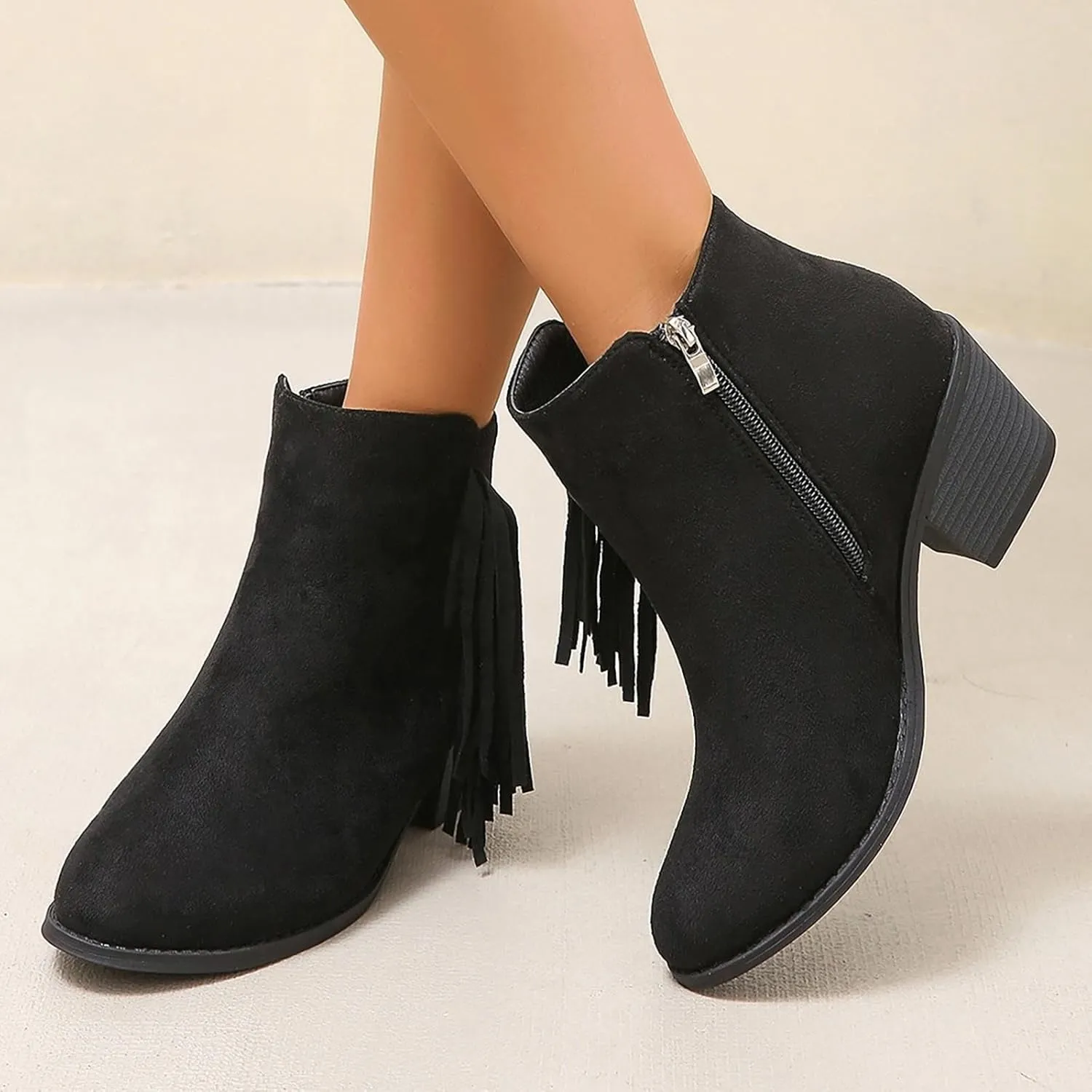Ankle Boots For Women Chunky Heel Wide Calf Boots For Women Suede Women Low Heel Round Toe Shoes Cowboy Cowgirl Dressy