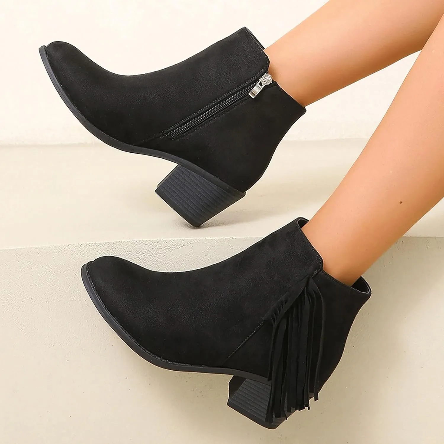 Ankle Boots For Women Chunky Heel Wide Calf Boots For Women Suede Women Low Heel Round Toe Shoes Cowboy Cowgirl Dressy