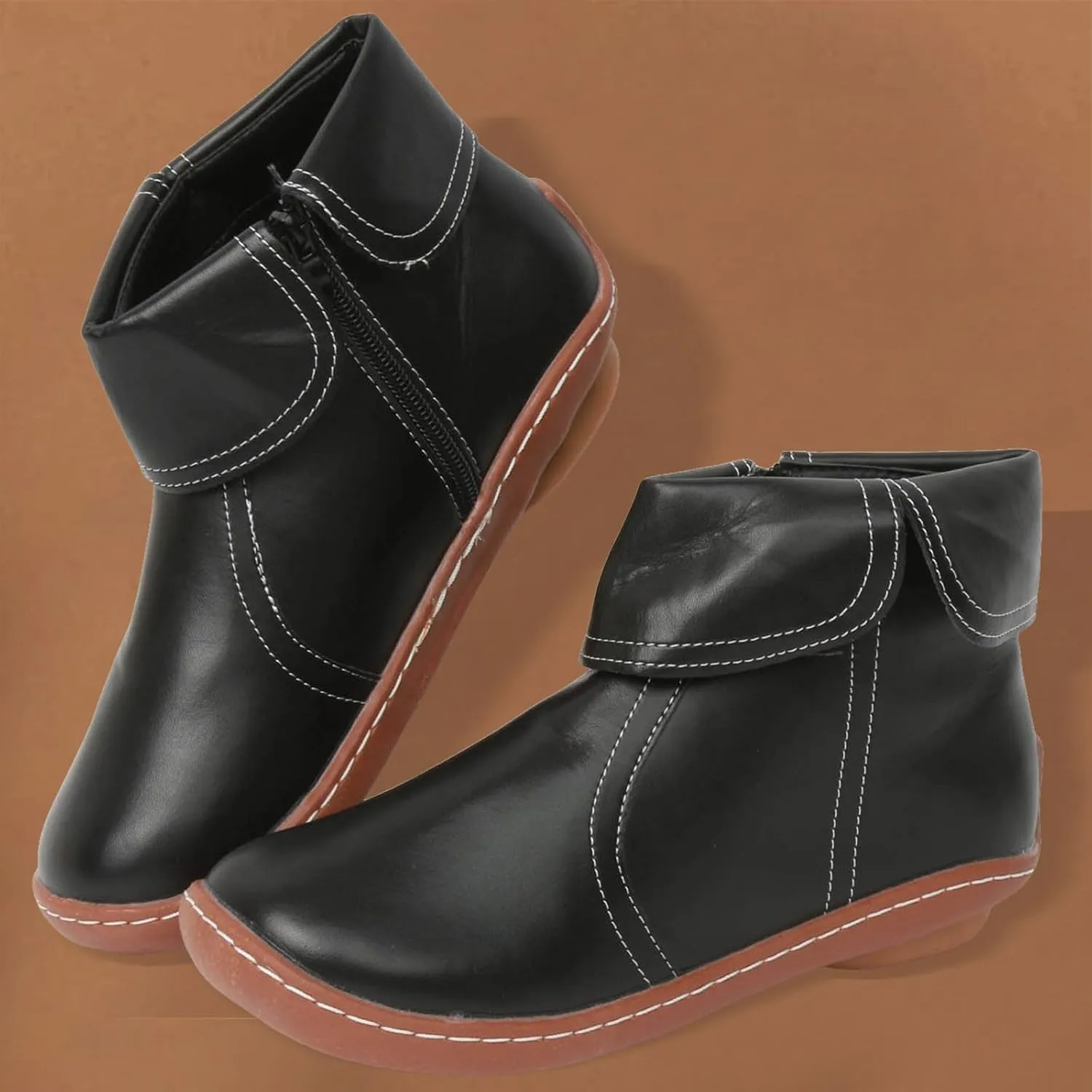 Ankle Boots for Women No Heel Casual Chelsea Boots Retro Classic Non Slip Round Toe Platform Side Zipper Riding Boots