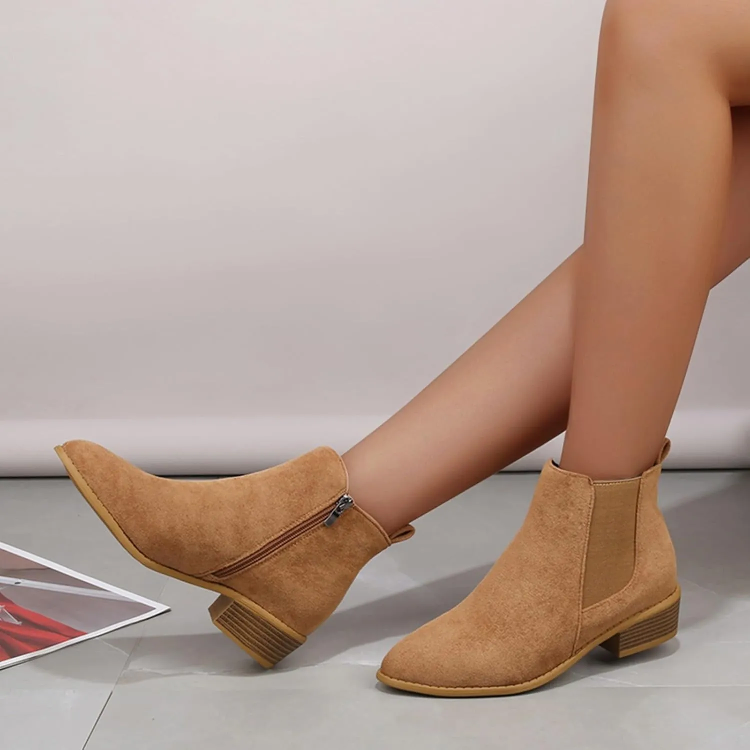 Ankle Boots for Women Riding Round Toe Western Fashion Chelsea Booties with Side Zippers Chunky Stacked Heel Comfortable