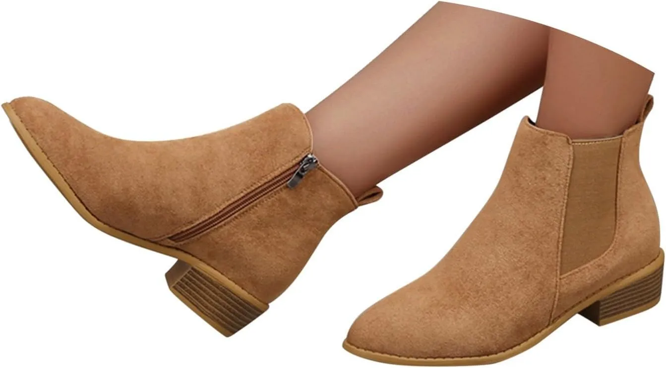 Ankle Boots for Women Riding Round Toe Western Fashion Chelsea Booties with Side Zippers Chunky Stacked Heel Comfortable