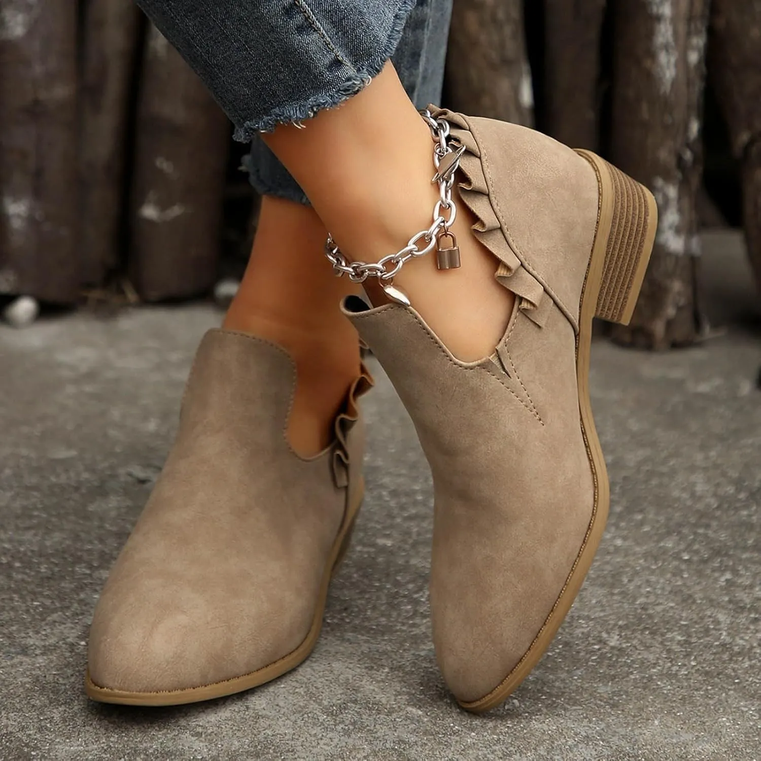 Ankle Boots for Women, Womens Casual Chunky Heel Fashion Riding Ankle Boots Round Toe V Cut Out Ruffled Zipper Boots