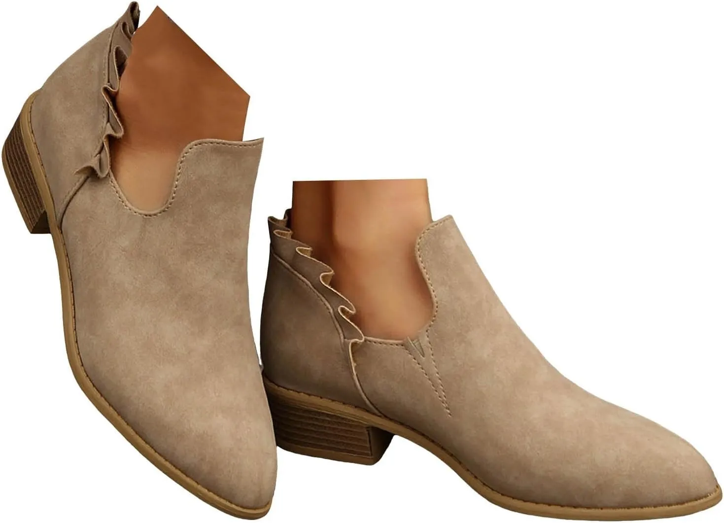 Ankle Boots for Women, Womens Casual Chunky Heel Fashion Riding Ankle Boots Round Toe V Cut Out Ruffled Zipper Boots