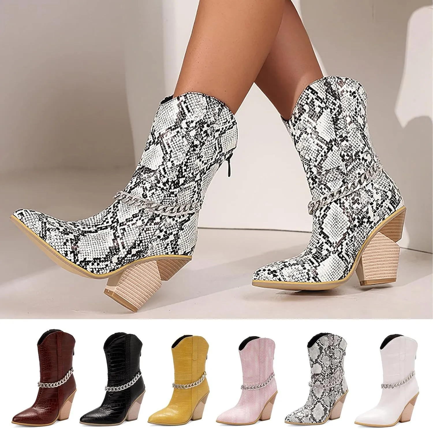 Ankle Cowboy Boots for Women Wide Calf Cowgirl Boots Retro Pointed Toe Chunky Heel Thick Heel Slip on Back Zipper