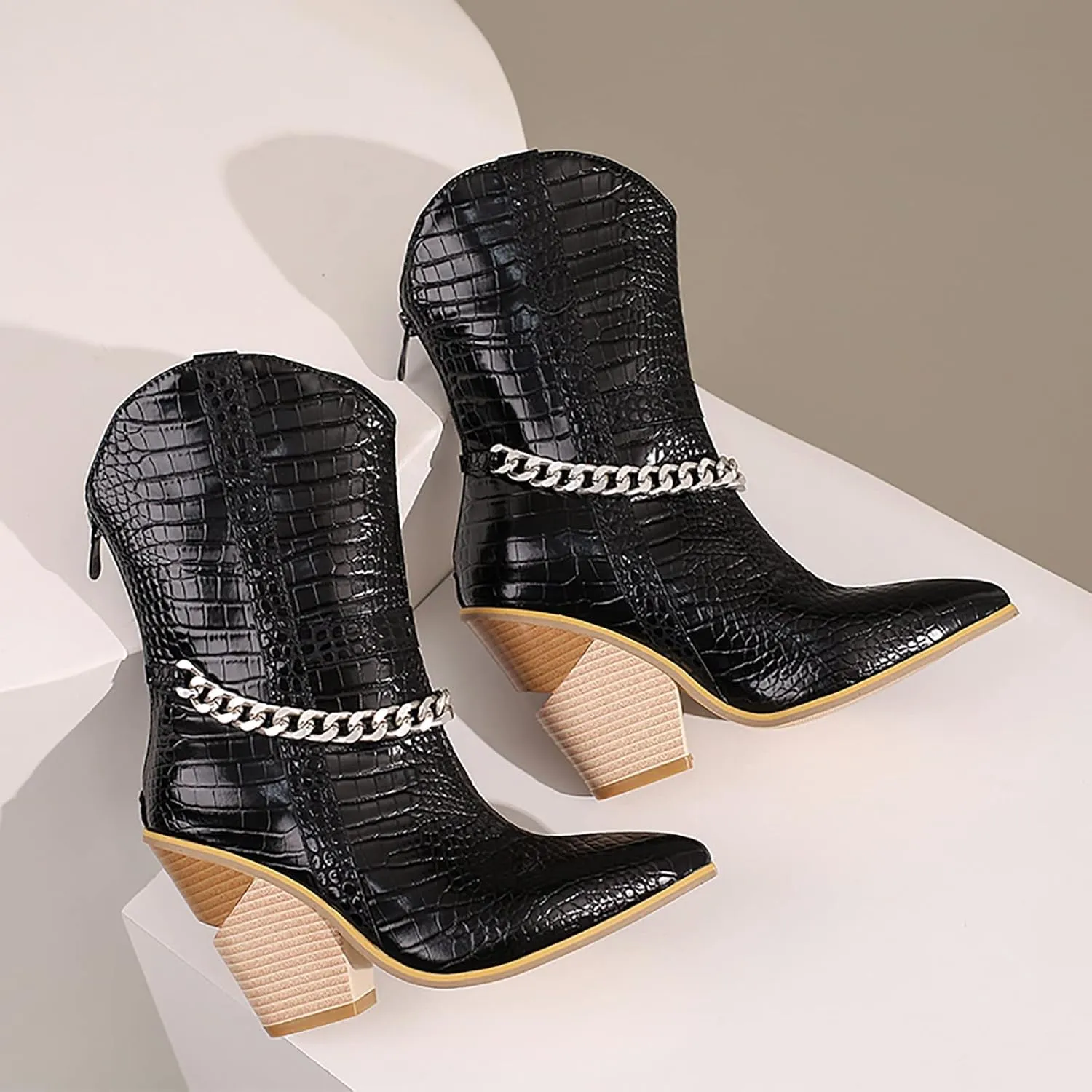 Ankle Cowboy Boots for Women Wide Calf Cowgirl Boots Retro Pointed Toe Chunky Heel Thick Heel Slip on Back Zipper