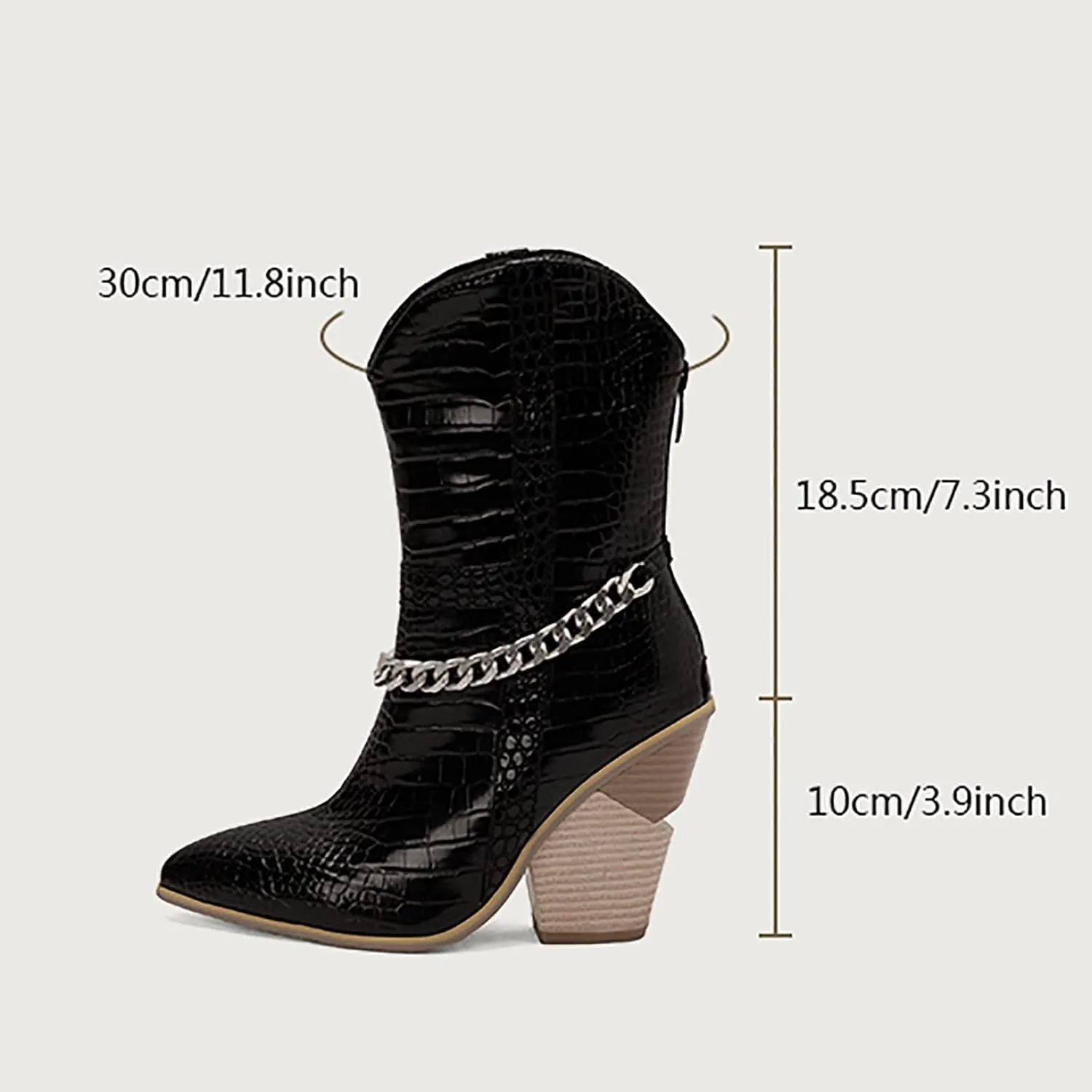 Ankle Cowboy Boots for Women Wide Calf Cowgirl Boots Retro Pointed Toe Chunky Heel Thick Heel Slip on Back Zipper