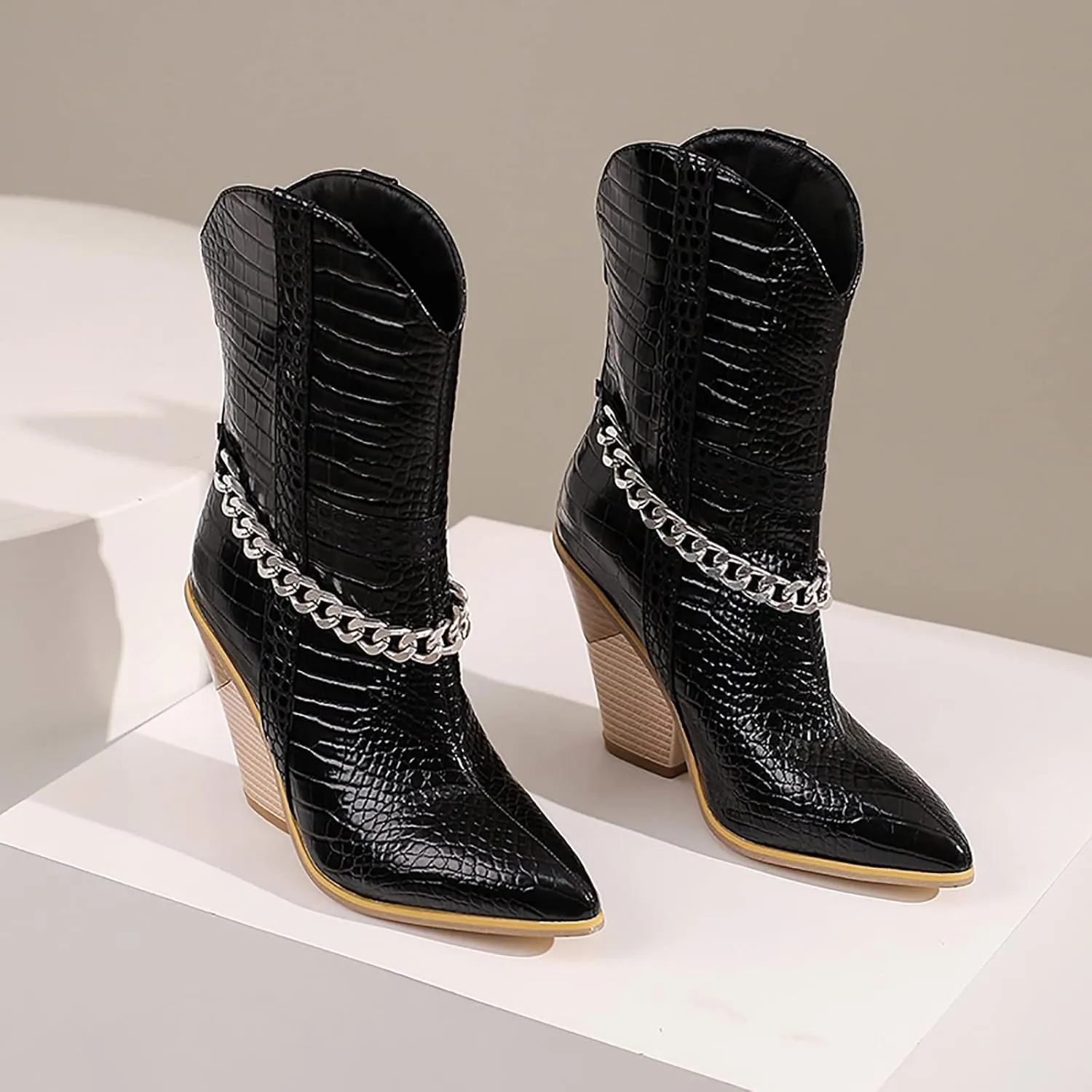 Ankle Cowboy Boots for Women Wide Calf Cowgirl Boots Retro Pointed Toe Chunky Heel Thick Heel Slip on Back Zipper