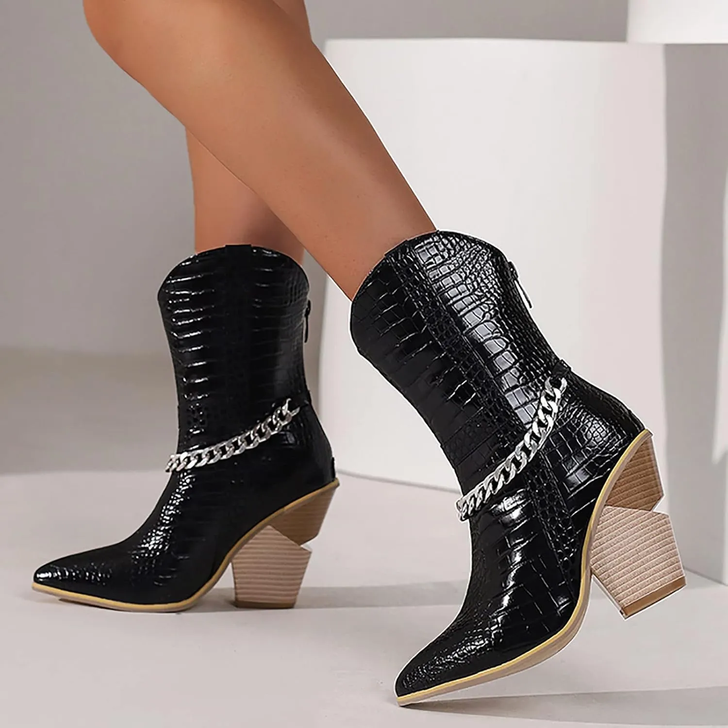 Ankle Cowboy Boots for Women Wide Calf Cowgirl Boots Retro Pointed Toe Chunky Heel Thick Heel Slip on Back Zipper