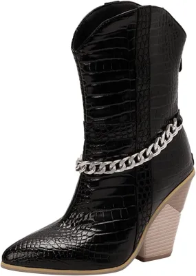 Ankle Cowboy Boots for Women Wide Calf Cowgirl Boots Retro Pointed Toe Chunky Heel Thick Heel Slip on Back Zipper