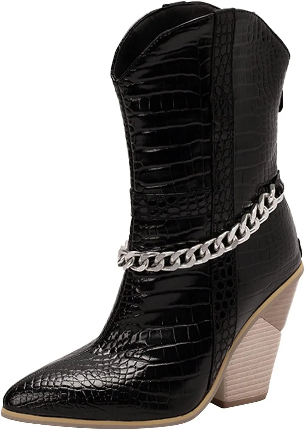 Ankle Cowboy Boots for Women Wide Calf Cowgirl Boots Retro Pointed Toe Chunky Heel Thick Heel Slip on Back Zipper