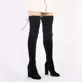 Annie Velvet Over The Knee Boots in Black