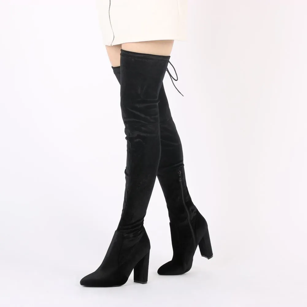 Annie Velvet Over The Knee Boots in Black