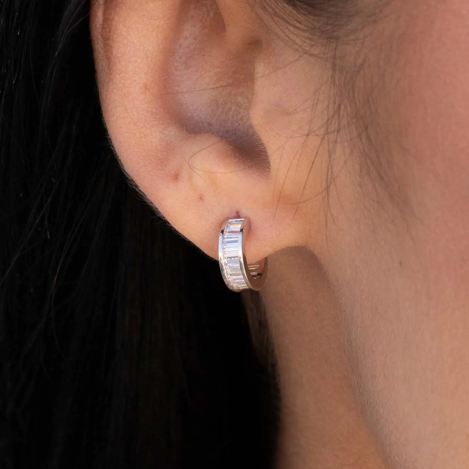 Baguette Hoop Stud Earrings in White Gold