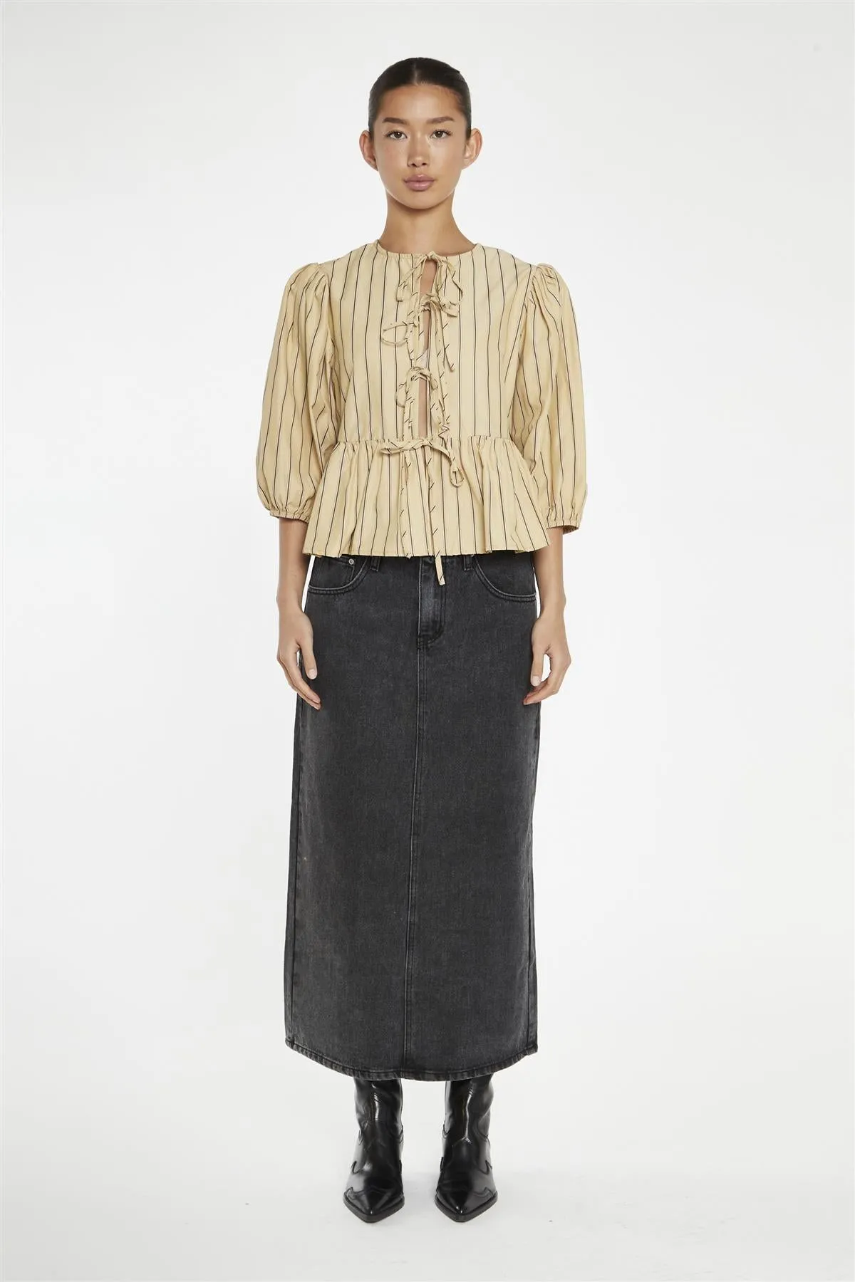 Beige-Brown Stipe Tie-Front Top