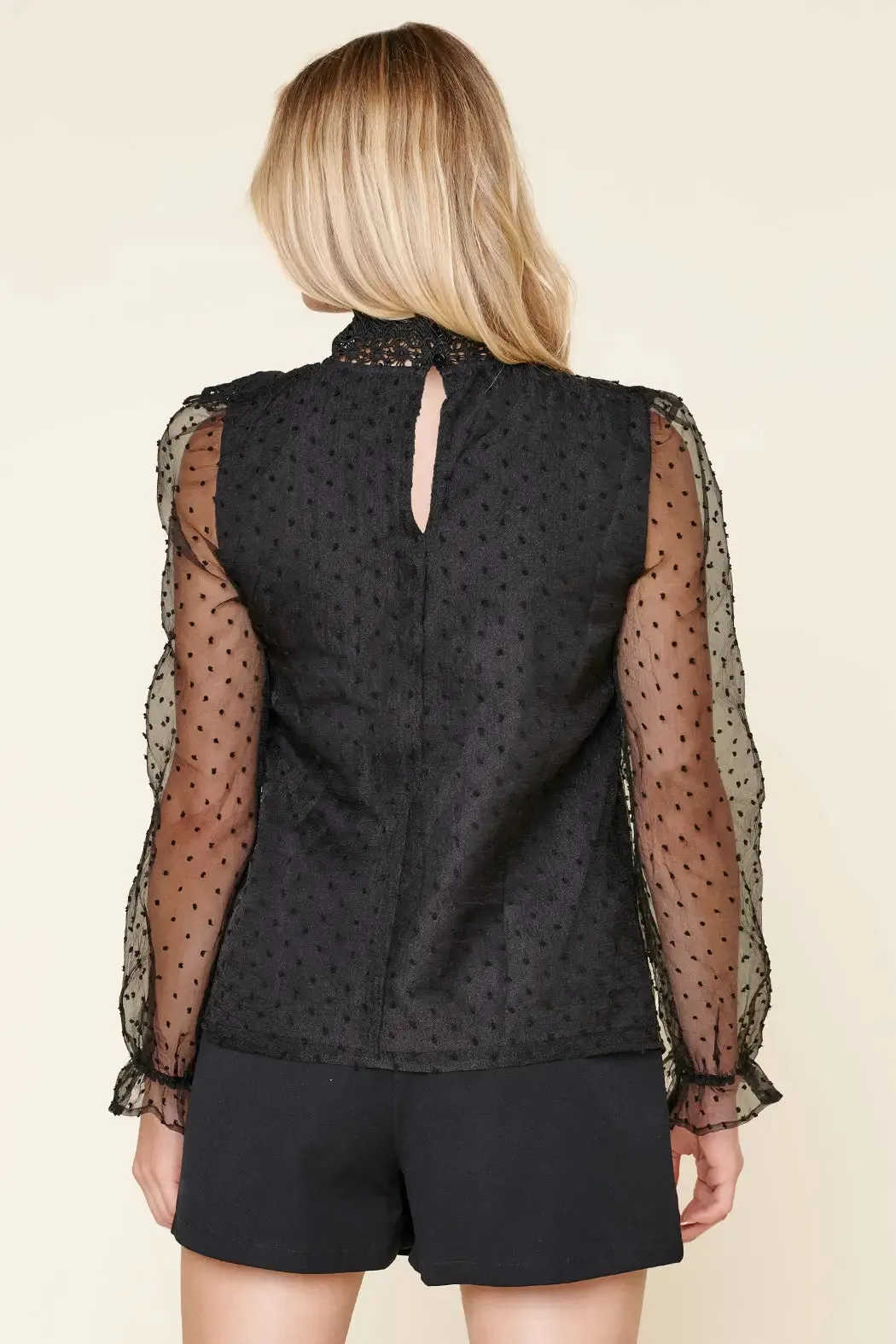 BLACK CORDELIA SWISS DOT HIGH NECK LACE BLOUSE
