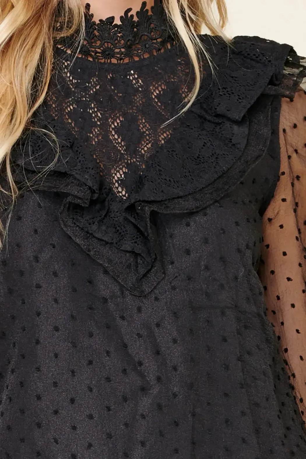 BLACK CORDELIA SWISS DOT HIGH NECK LACE BLOUSE
