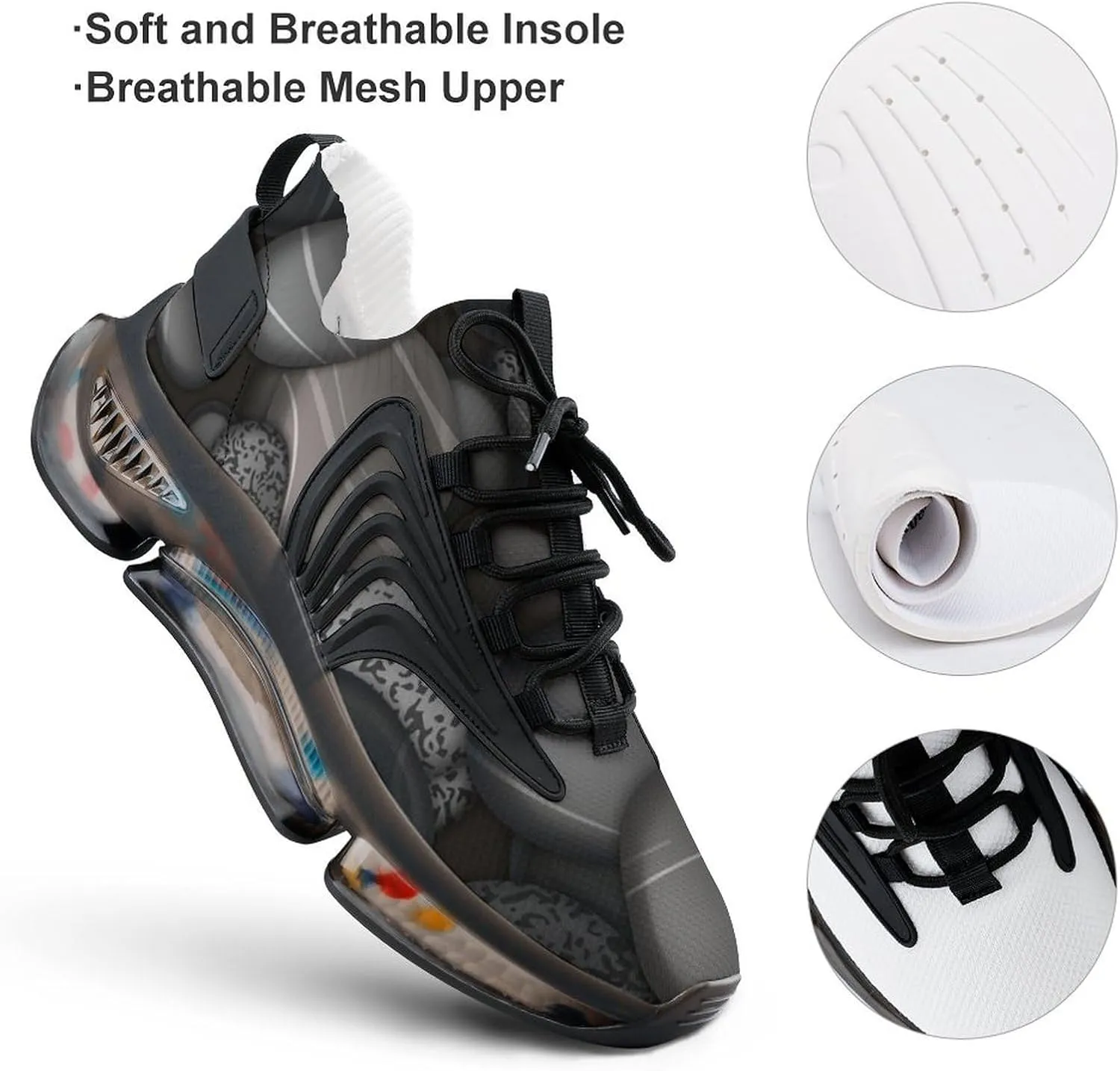 Black Pebble Stones Walking Shoes for Men Lightweight Tennis Fashion Elastic Sports Shoes Cushion Basketball Shoes