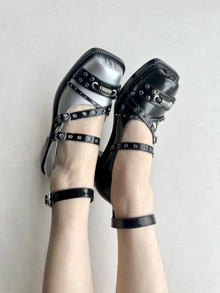 Black Punk Pig Nose Square Toe Studded Mary Jane Single Shoes【s0000006662】