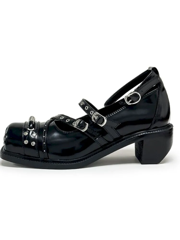 Black Punk Pig Nose Square Toe Studded Mary Jane Single Shoes【s0000006662】