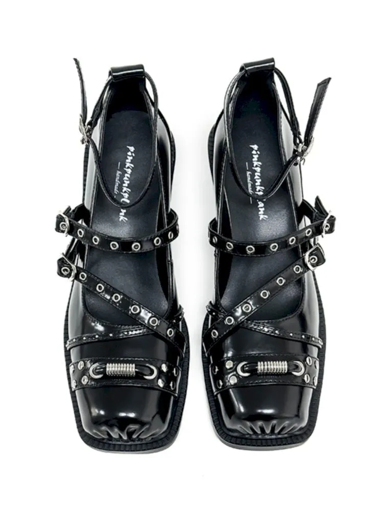 Black Punk Pig Nose Square Toe Studded Mary Jane Single Shoes【s0000006662】