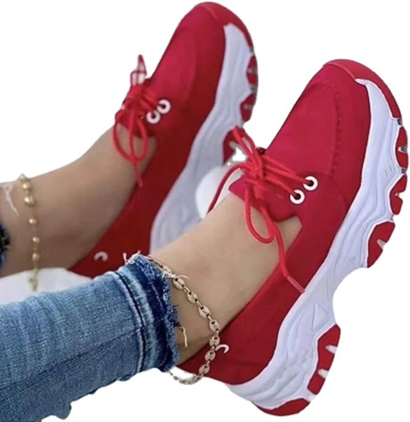 CANIAN 2023 Women's Platform lace-up Trainers, Breathable, Casual, Flat Running Shoes, Fashionable, Comfortable, Round Toe Single Shoes,Red,40