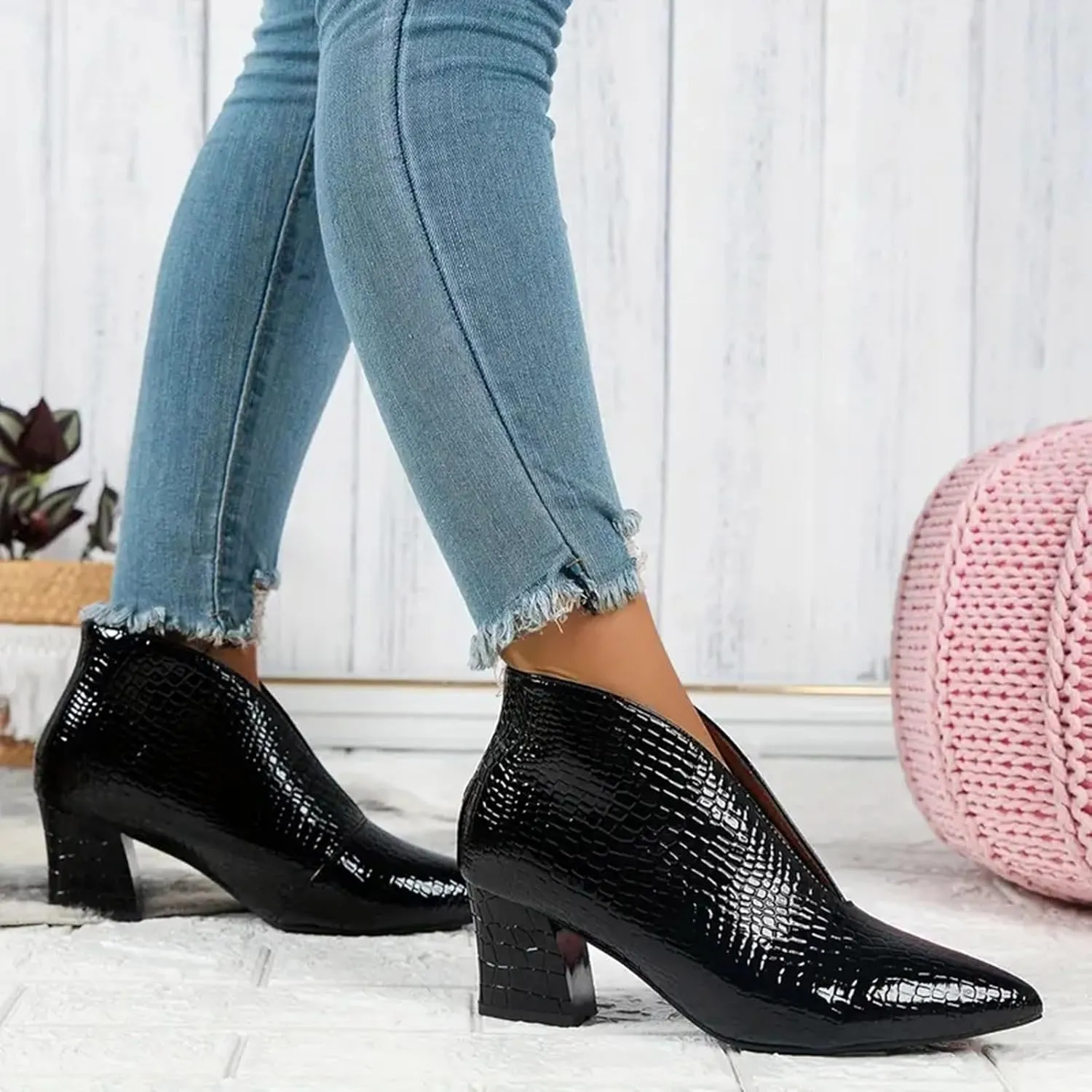 Cathalem Booties for Women 2024,V Cut Pointed Toe Low Heel Cutout Booties Ankle Boots Comfortable Slip On Chunky Heel Warm Boots