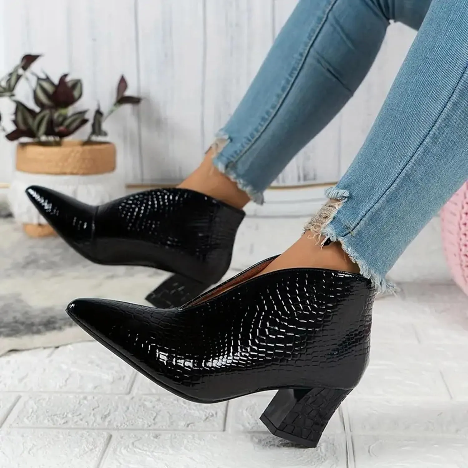 Cathalem Booties for Women 2024,V Cut Pointed Toe Low Heel Cutout Booties Ankle Boots Comfortable Slip On Chunky Heel Warm Boots