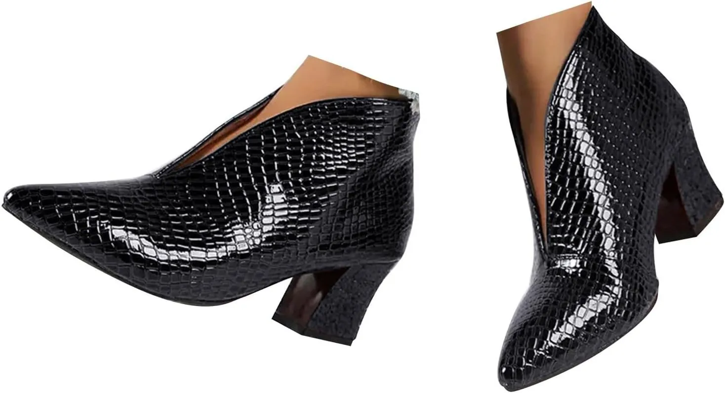 Cathalem Booties for Women 2024,V Cut Pointed Toe Low Heel Cutout Booties Ankle Boots Comfortable Slip On Chunky Heel Warm Boots