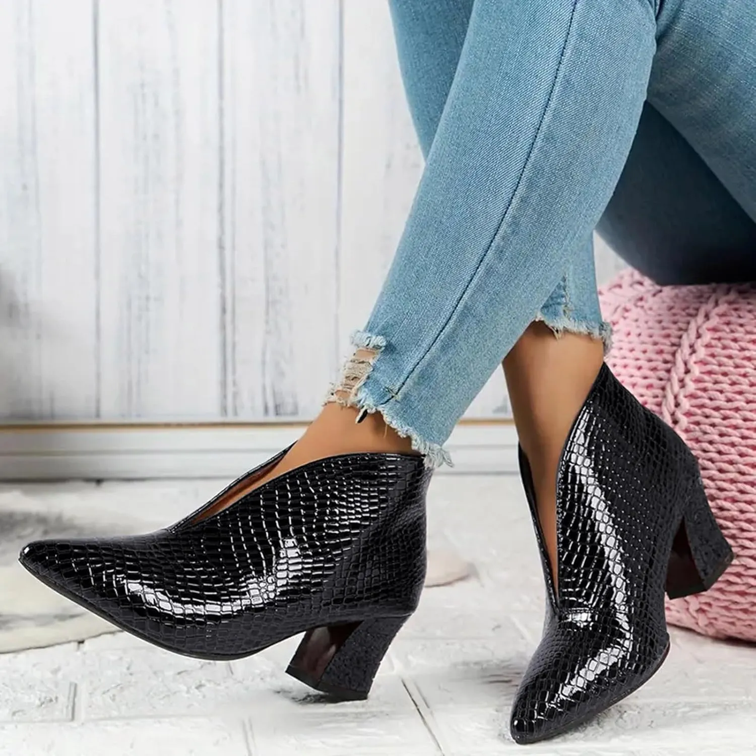 Cathalem Booties for Women 2024,V Cut Pointed Toe Low Heel Cutout Booties Ankle Boots Comfortable Slip On Chunky Heel Warm Boots
