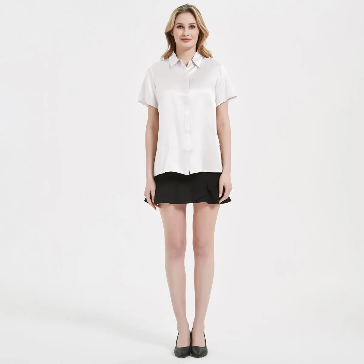 Classic Womens Silk Blouse 22 MM Hidden Placket Silk Top Short Sleeves Silk Shirt