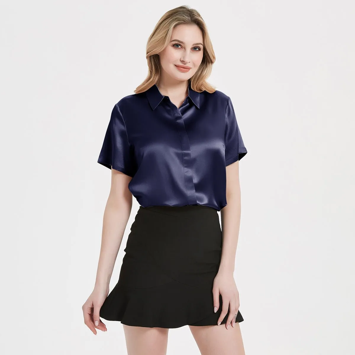 Classic Womens Silk Blouse 22 MM Hidden Placket Silk Top Short Sleeves Silk Shirt