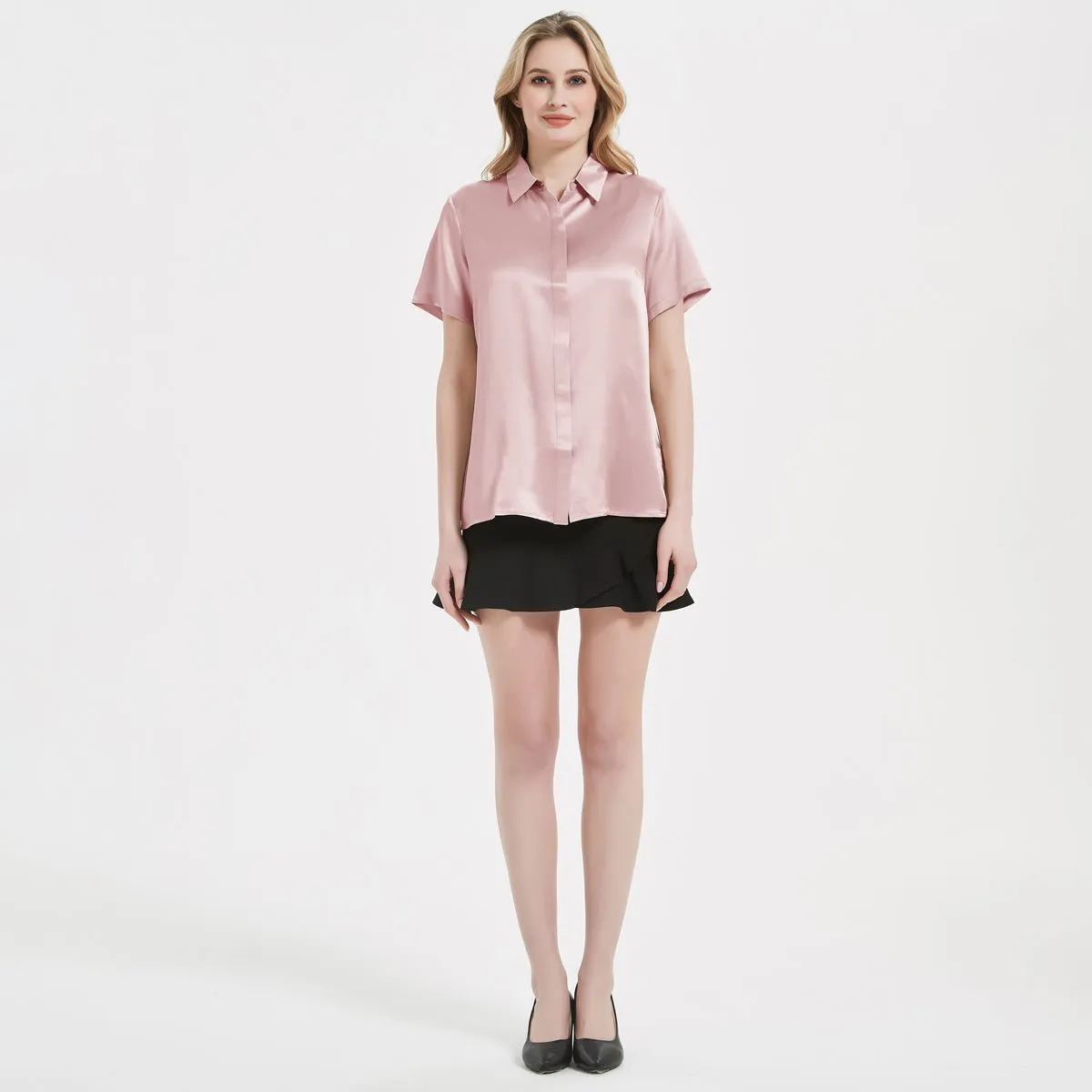 Classic Womens Silk Blouse 22 MM Hidden Placket Silk Top Short Sleeves Silk Shirt
