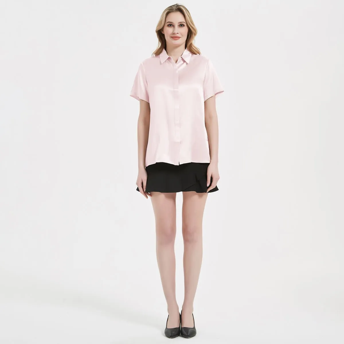Classic Womens Silk Blouse 22 MM Hidden Placket Silk Top Short Sleeves Silk Shirt