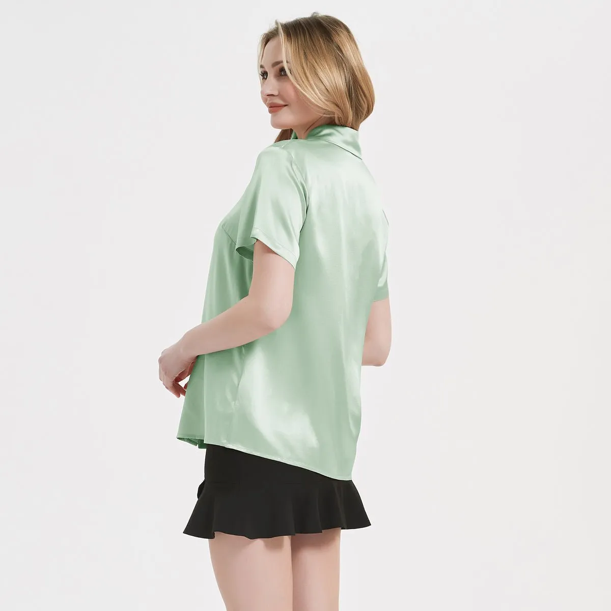 Classic Womens Silk Blouse 22 MM Hidden Placket Silk Top Short Sleeves Silk Shirt