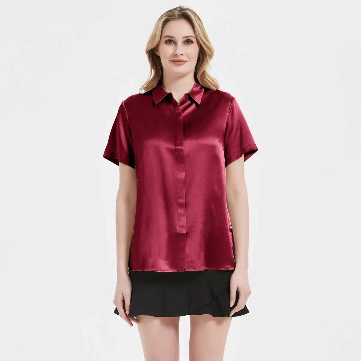 Classic Womens Silk Blouse 22 MM Hidden Placket Silk Top Short Sleeves Silk Shirt