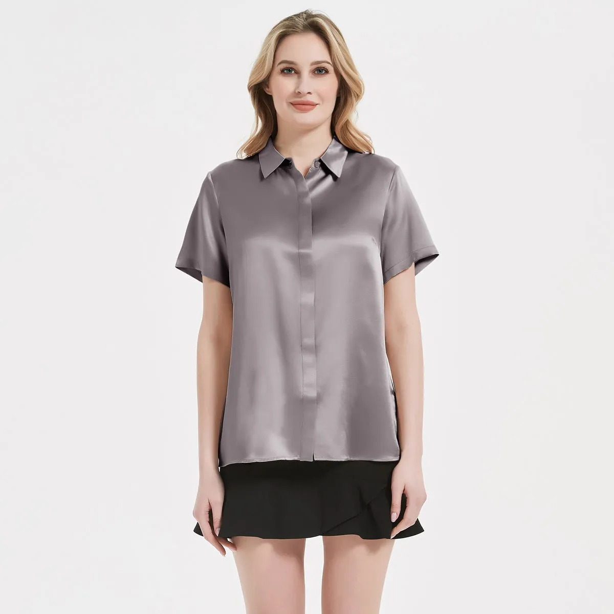 Classic Womens Silk Blouse 22 MM Hidden Placket Silk Top Short Sleeves Silk Shirt