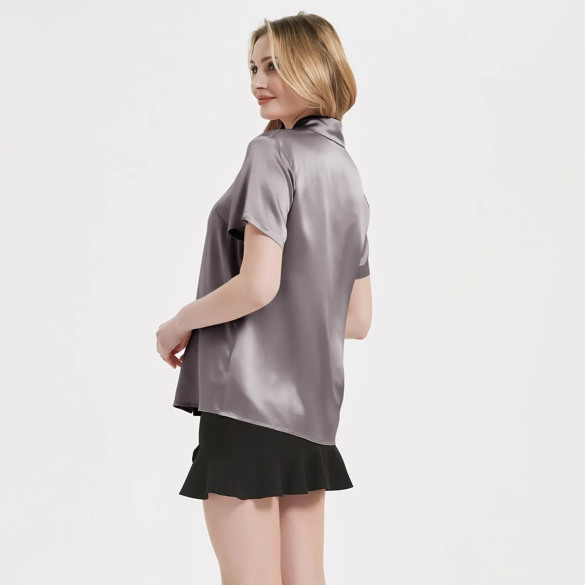 Classic Womens Silk Blouse 22 MM Hidden Placket Silk Top Short Sleeves Silk Shirt