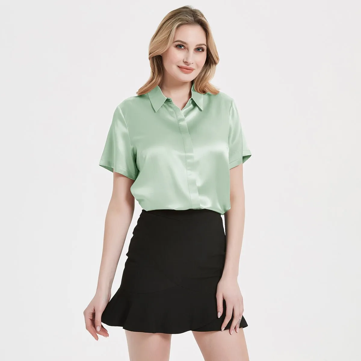 Classic Womens Silk Blouse 22 MM Hidden Placket Silk Top Short Sleeves Silk Shirt