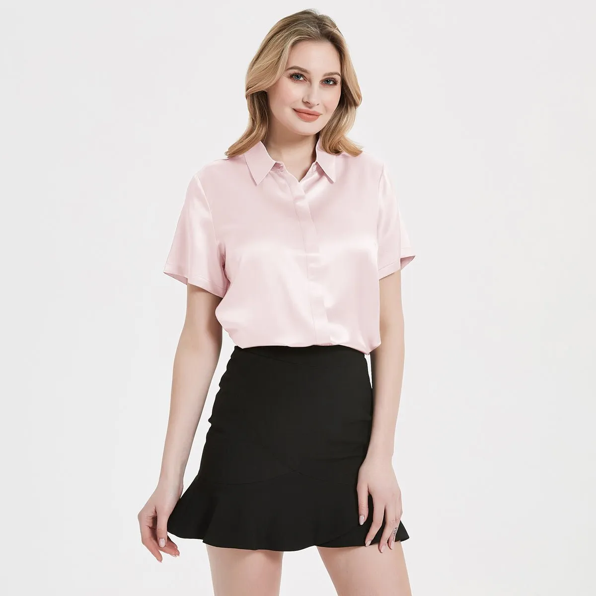 Classic Womens Silk Blouse 22 MM Hidden Placket Silk Top Short Sleeves Silk Shirt