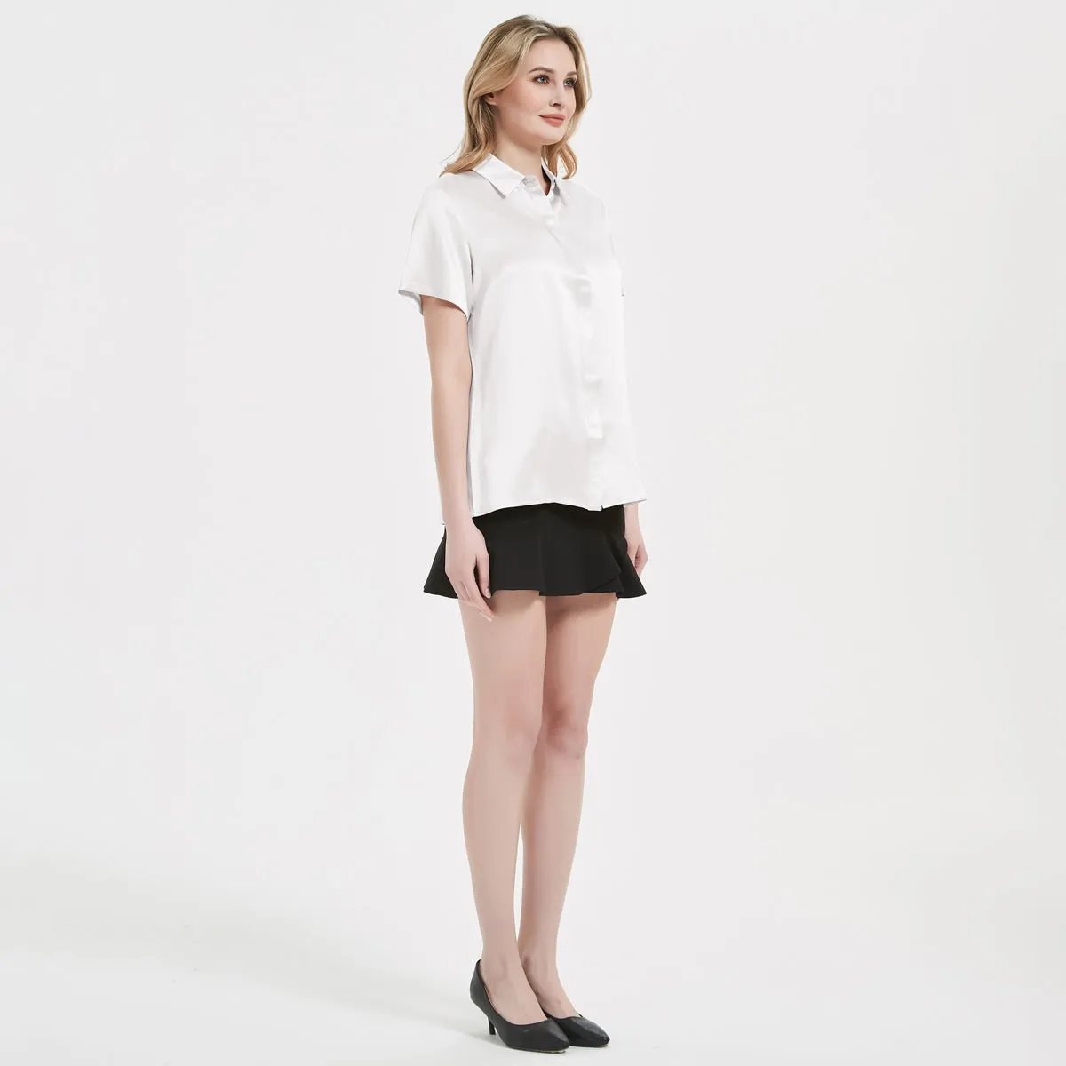 Classic Womens Silk Blouse 22 MM Hidden Placket Silk Top Short Sleeves Silk Shirt