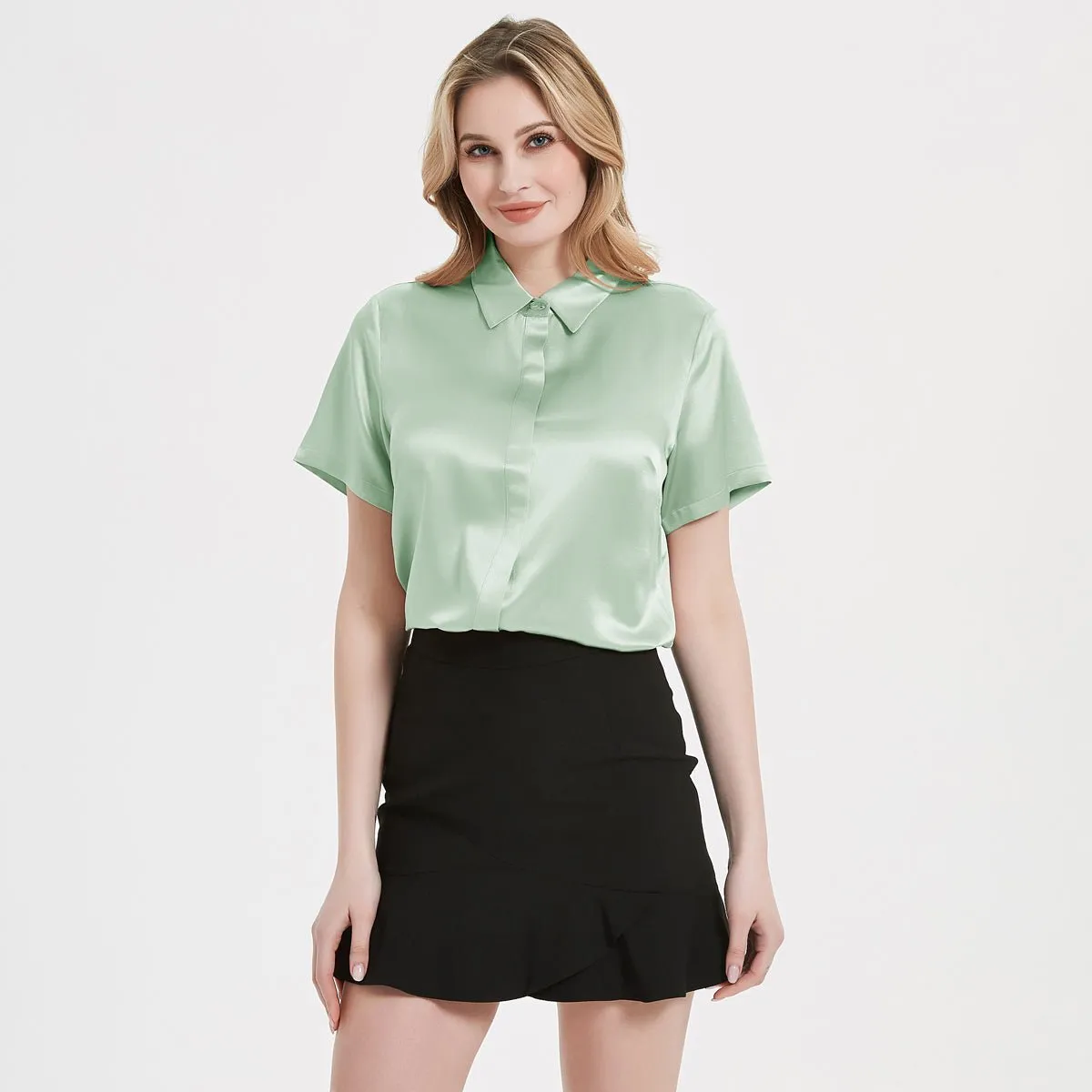 Classic Womens Silk Blouse 22 MM Hidden Placket Silk Top Short Sleeves Silk Shirt