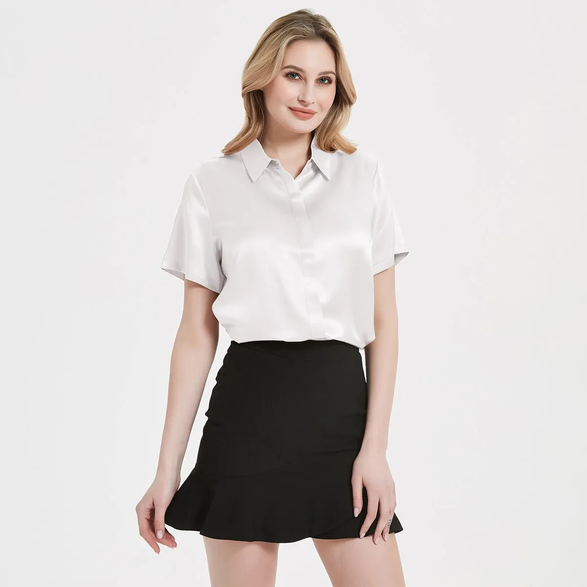 Classic Womens Silk Blouse 22 MM Hidden Placket Silk Top Short Sleeves Silk Shirt