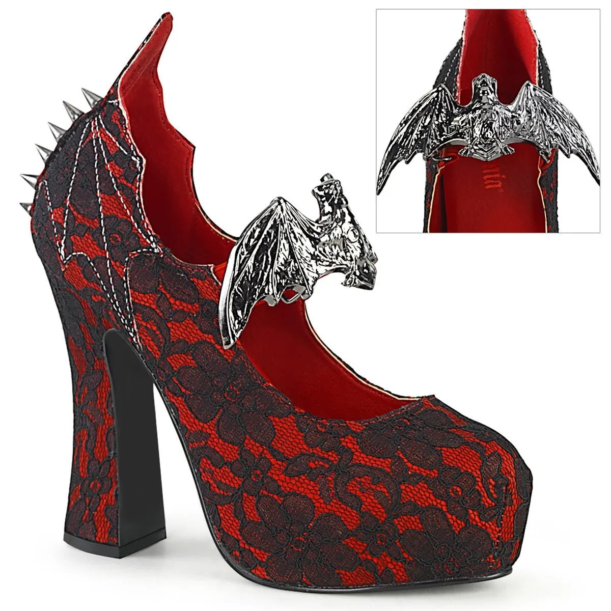 Demonia DEMON-18 | Red & Black Satin & Lace Mary Janes