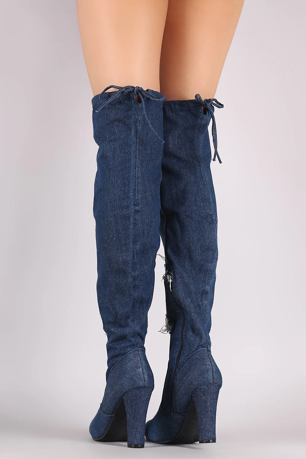 Distressed Denim Almond Toe Chunky Heeled Over-The-Knee Boots