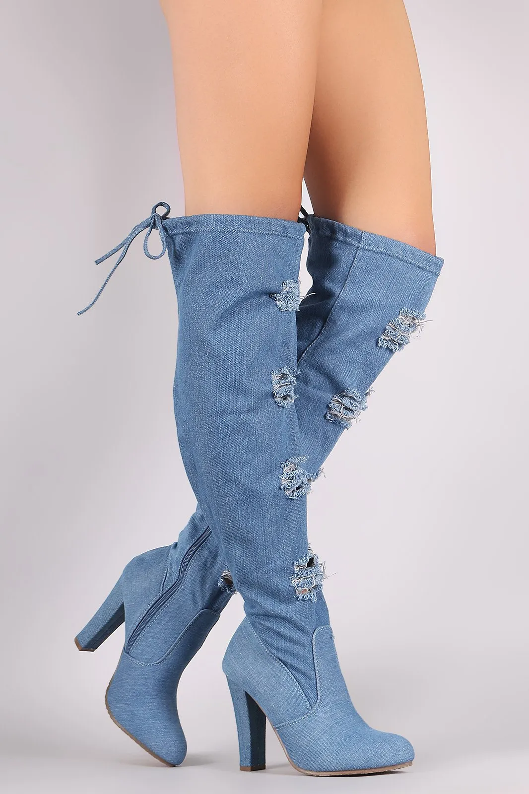 Distressed Denim Almond Toe Chunky Heeled Over-The-Knee Boots