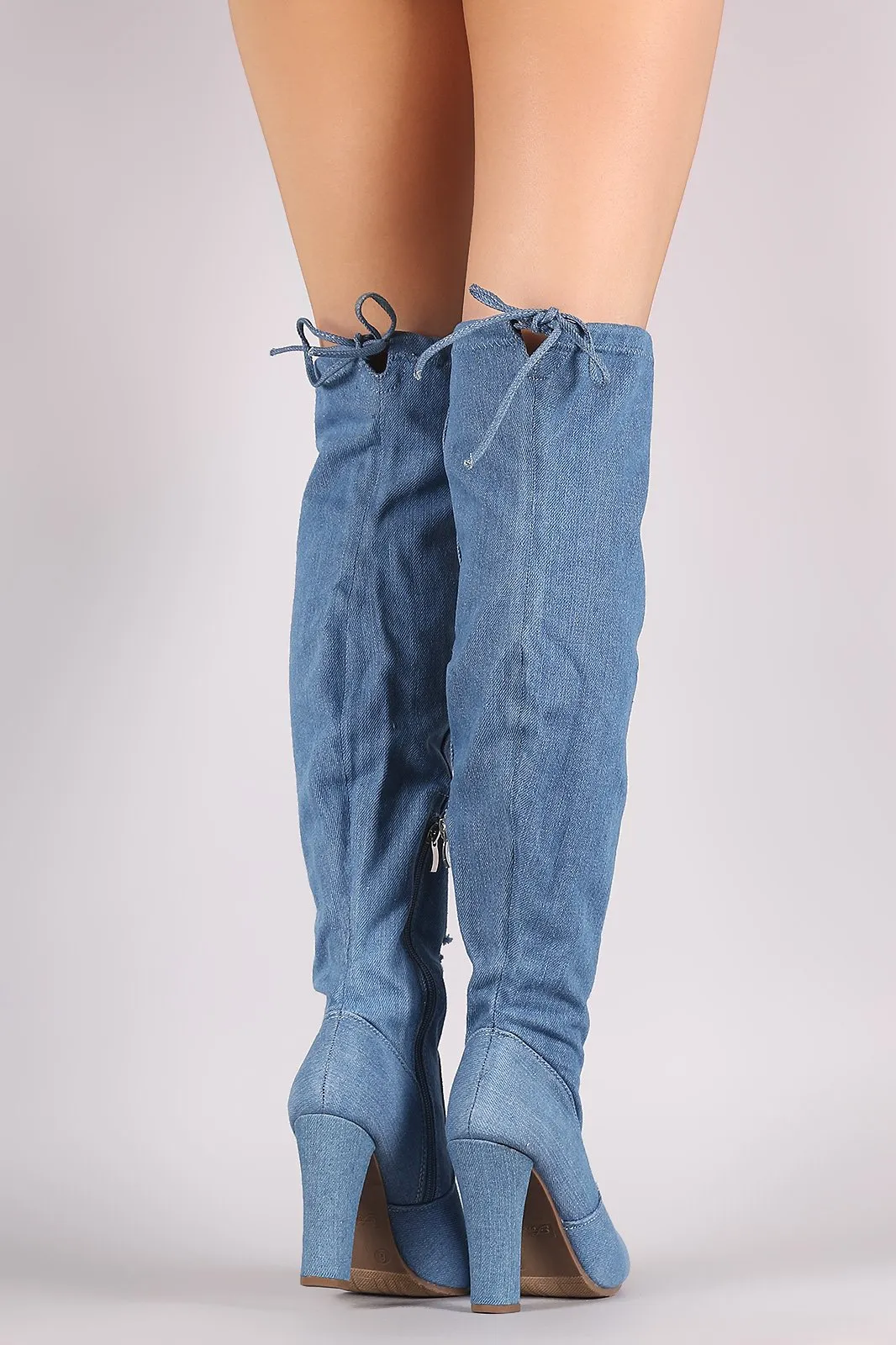 Distressed Denim Almond Toe Chunky Heeled Over-The-Knee Boots